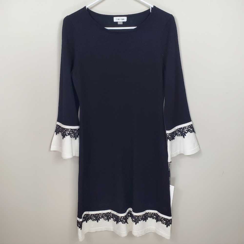 NWT Calvin Klein Size M Black Bell Sleeve Sweater Dress